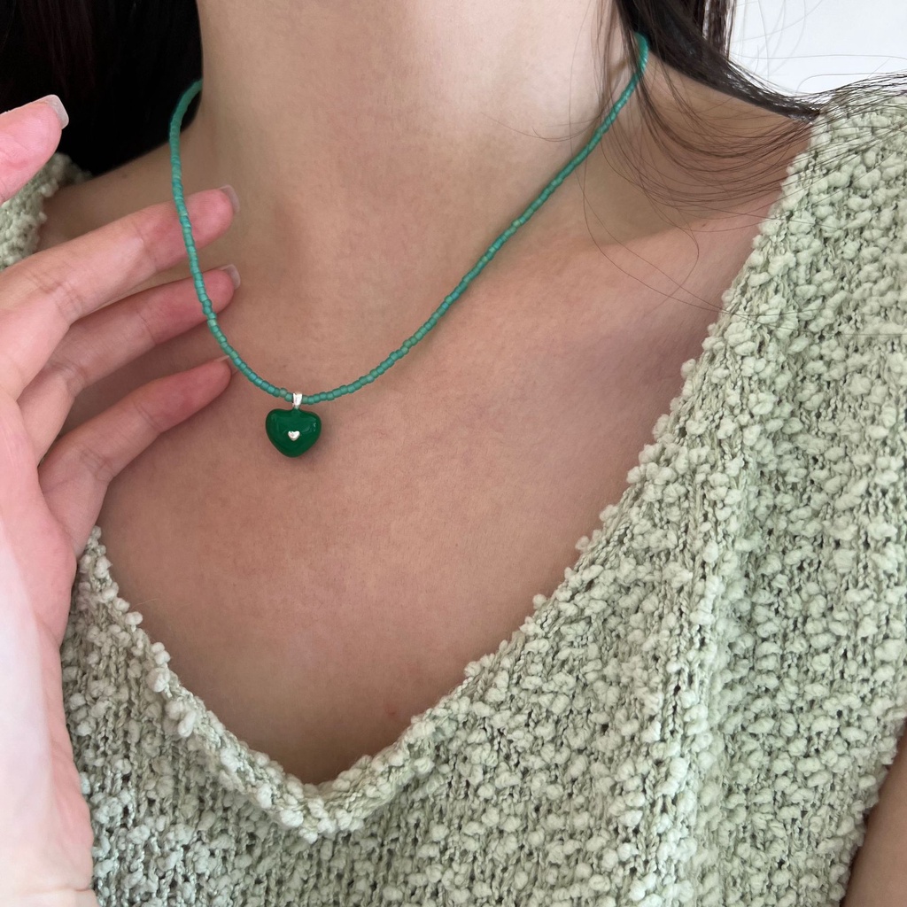 [Hàng Mới] Dây Chuyền Mặt Hình Trái Tim Màu Xanh Lá Cây Phong Cách Hàn Quốc