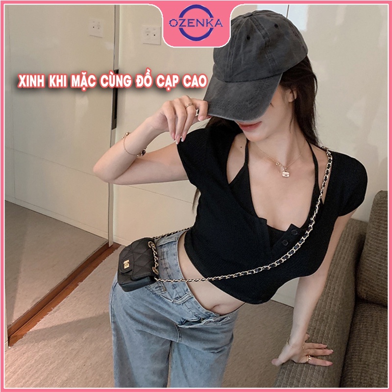 Áo croptop nữ kiểu hàn quốc cổ yếm 2 lớp OZENKA , áo phông crt ôm body cài khuy cotton 100% màu đen trắng dưới 55 kg