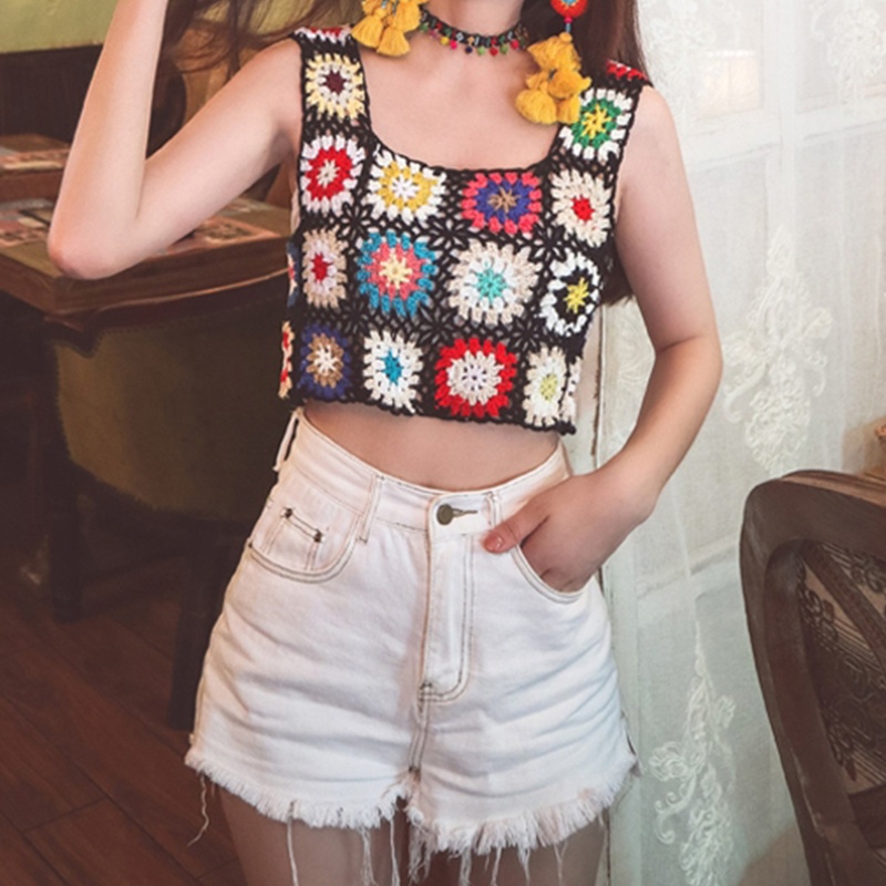 Brroa Áo Croptop Không Tay Họa Tiết Hoa Nhiều Màu Sắc Phong Cách Boho Dân Tộc Cho Nữ