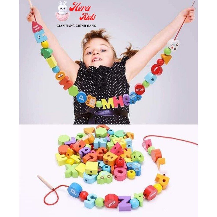 Xâu luồn hạt chữ số kèm phương tiện giao thông bằng gỗ chất liệu đẹp an toàn cho bé từ 3-6 tuổi