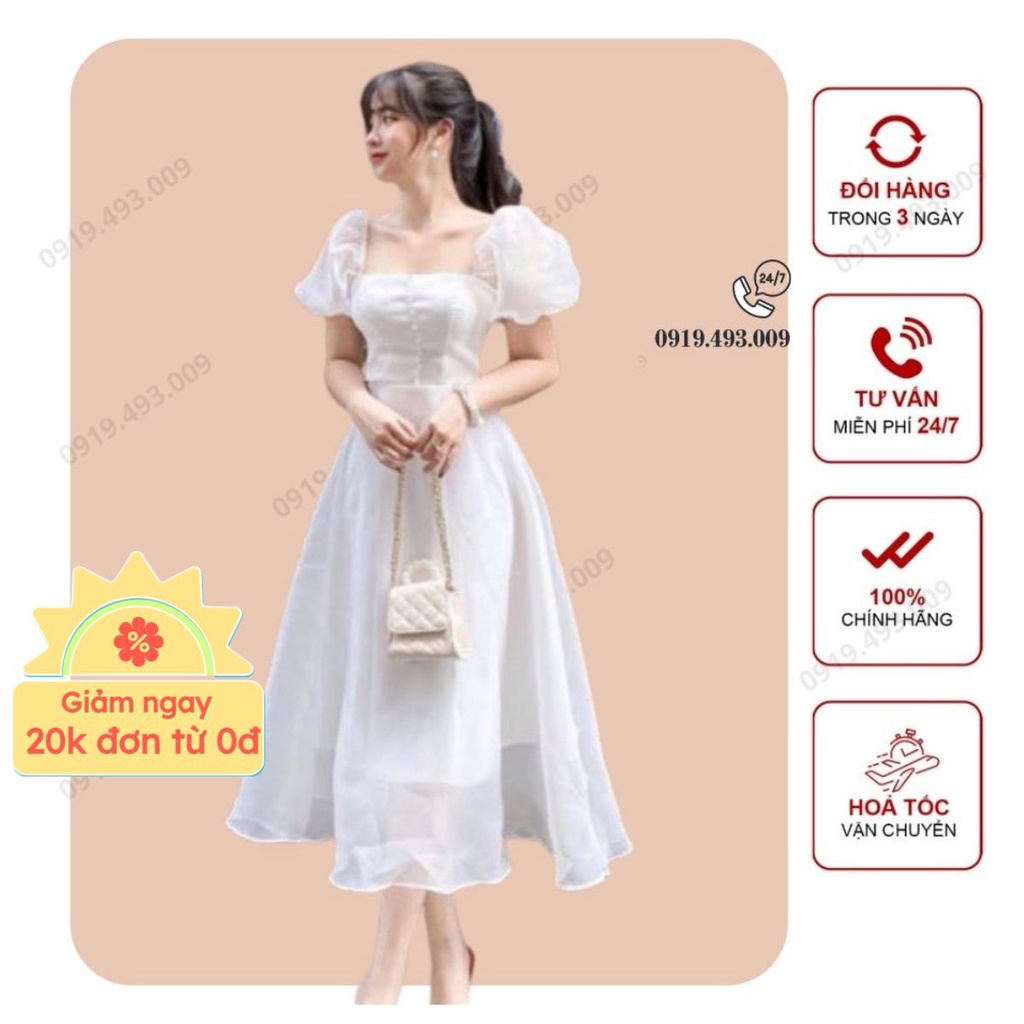 Đầm dự tiệc xòe tay phồng phối nút ngực chất tơ xinh cực Bori dress [Kèm ảnh thật]