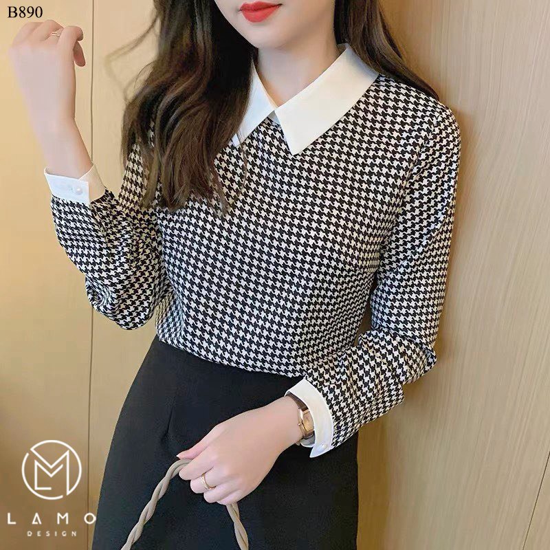 Áo sơ mi công sở nữ đẹp kiểu hàn quốc họa tiết manngo cổ phối trắng LAMO-B890 | BigBuy360 - bigbuy360.vn