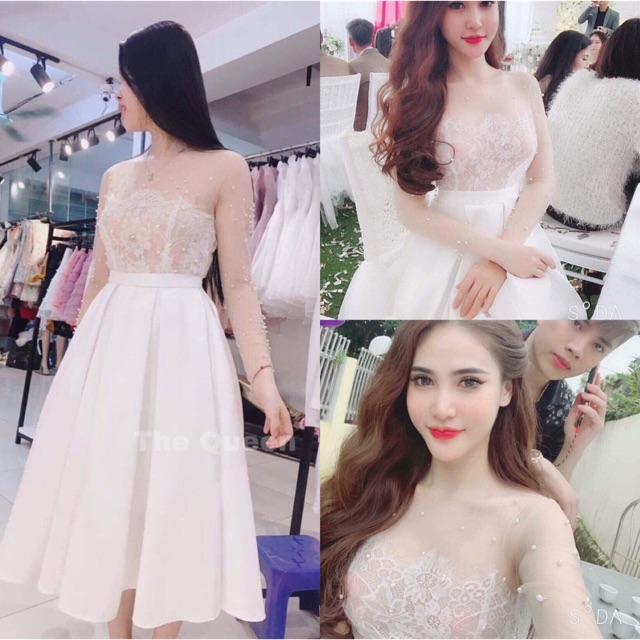 Đầm xoè phối ren mi kết cườm