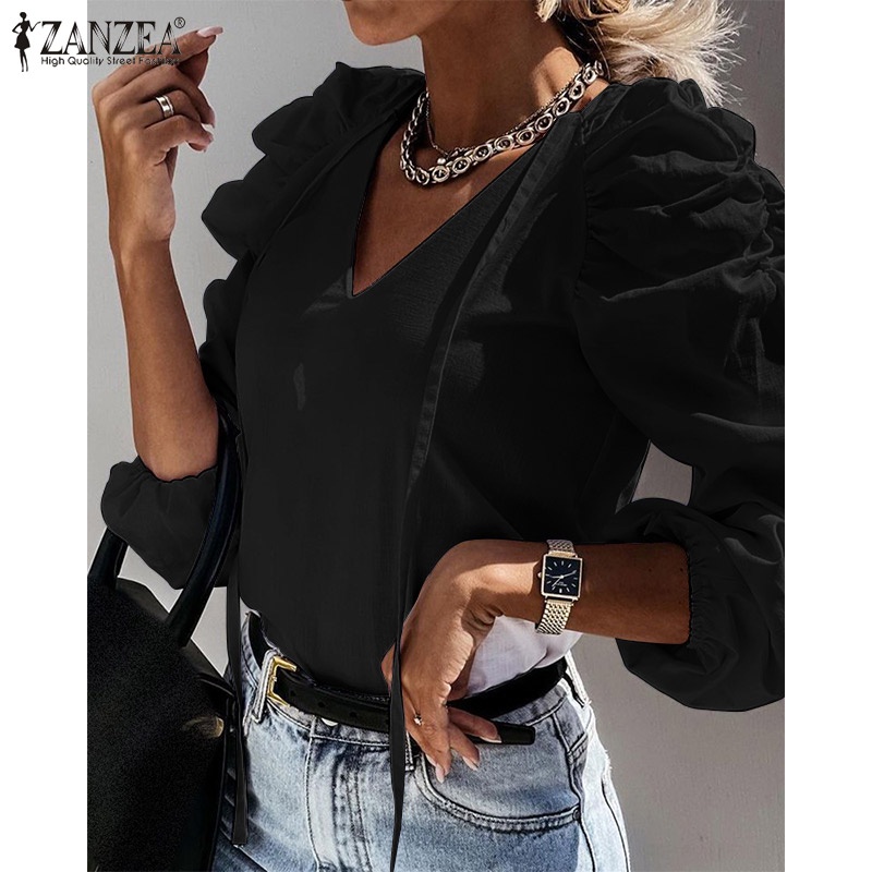 Áo kiểu Zanzea tay dài phồng thiết kế cổ chữ v thắt dây thời trang thanh lịch cho nữ