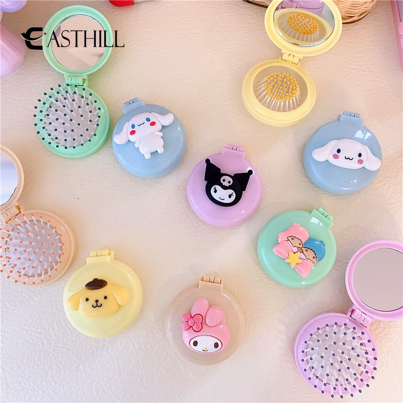 SANRIO Easthill Lược Chải Tóc Mát Xa Túi Khí Gấp Được Có Gương Hình Trái Tim Họa Tiết Kuromi Cinnamoroll My Melody Màu Kẹo Dễ Thương Cho Bạn Gái
