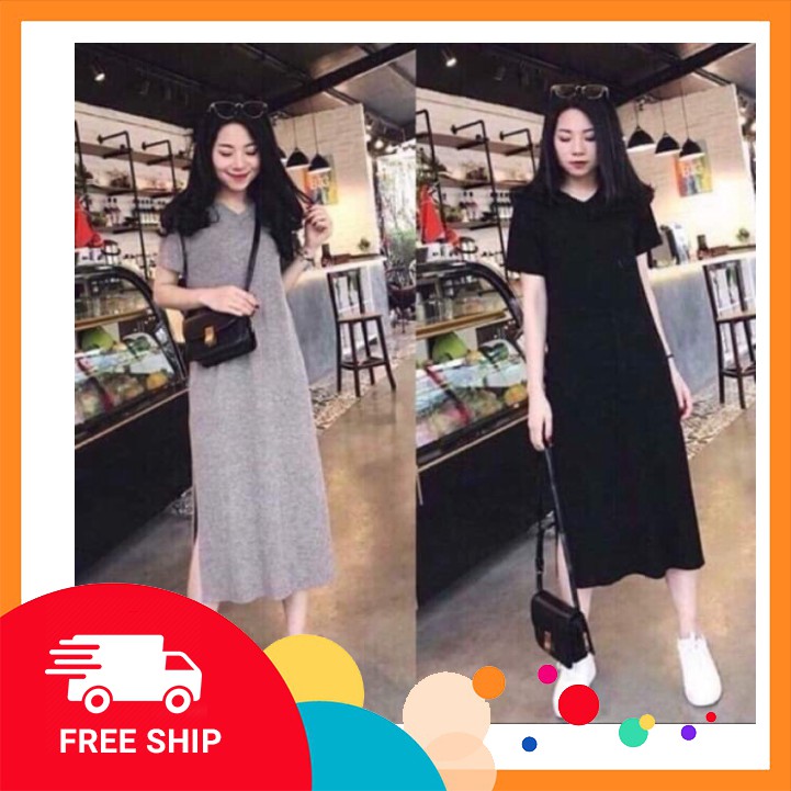 Váy suông trơn cổ tim xẻ tà kiểu dáng BASIC dáng dài vải đẹp mềm mịn thoáng mát