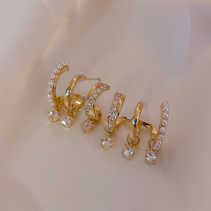 Khuyên Tai Hình Học Nhiều Lớp Đính Đá Zircon Phong Cách Hàn Quốc Mới Cho Nữ