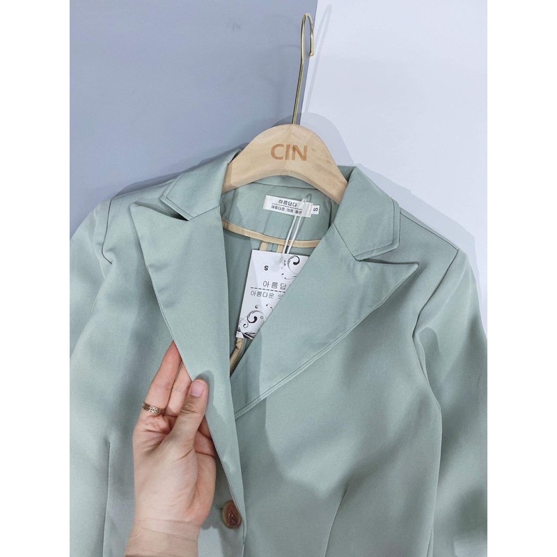 Set bộ áo khoác vest xanh mix quần suông cạp cao ống rộng siêu đẹp L1