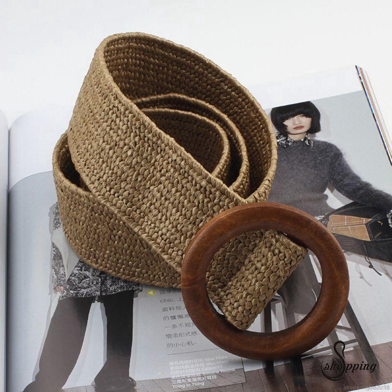 Thắt lưng bện dây co giãn phối khóa gỗ cho nữ