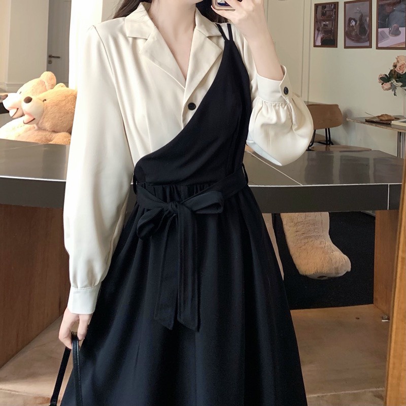 Váy đầm đen cổ sơ mi cách điệu thắt dây eo dáng dài phong cách Hàn Quốc