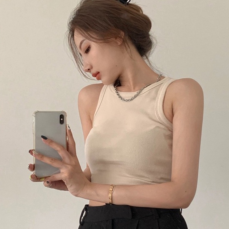 QADCOL Áo croptop không tay cổ tròn ôm dáng dệt kim thời trang