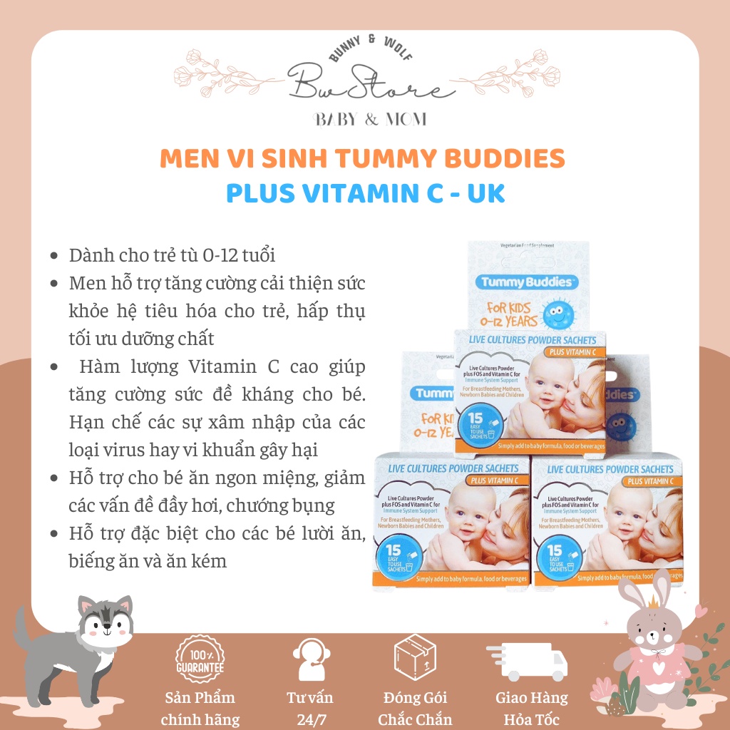 Men Vi Sinh Tummy Buddies Plus Vitamin C của Anh Hộp 15 gói cho bé từ 0-12y [Hàng Air - Date mới nhất]