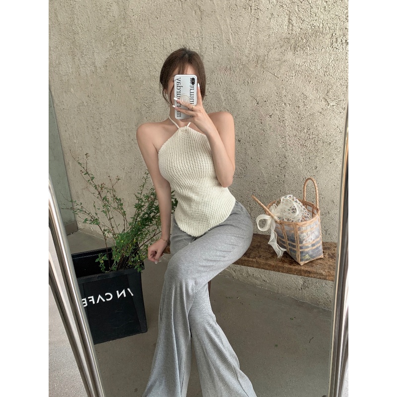 HUANG YOYO Áo croptop Thun Cổ Yếm Hở Lưng Thời Trang Quyến Rũ Dành Cho Nữ 2023 Cho Nữ