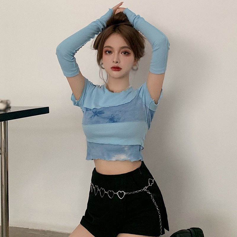 Áo thun tay dài dáng ôm cổ tròn thiết kế hở rốn quyến rũ cho nữ