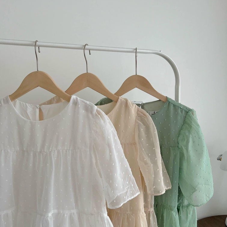 Váy babydoll suông dài, đầm nữ cộc tay phom rộng họa tiết chấm bi 2 lớp freesize tiểu thư hàn quốc Ylydress C1031