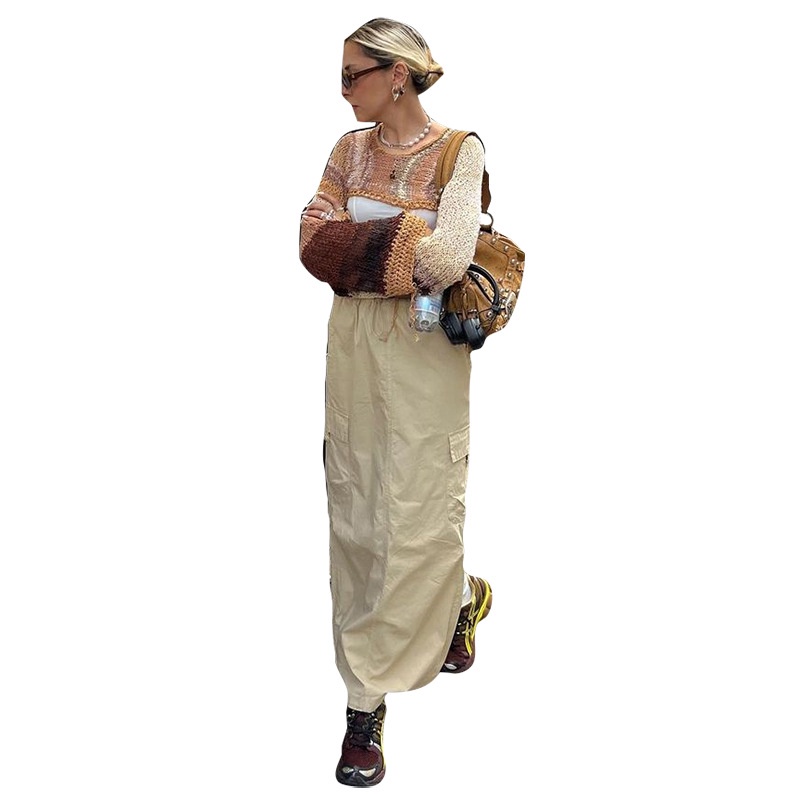 Chân Váy Dài Dáng Rộng Lưng Cao Phối Túi Xẻ Tà Thời Trang Dành Cho Nữ