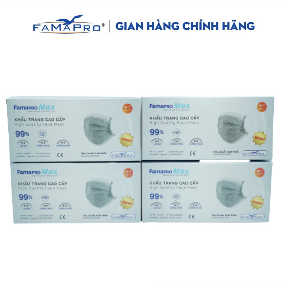 [HỘP-40 CÁI-MÀU XÁM] COMBO 4 HỘP Khẩu trang y tế cao cấp kháng khuẩn 4 lớp Famapro max | WebRaoVat - webraovat.net.vn