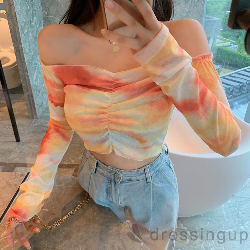 Áo Croptop Tay Dài Cổ Thuyền Màu Nhuộm Thời Trang Cho Nữ