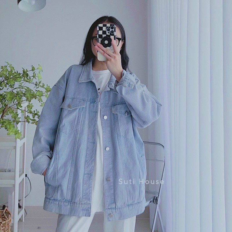 Áo Khoác Jean UNISEX Form Rộng Màu Xanh Trơn Túi Nắp - 545
