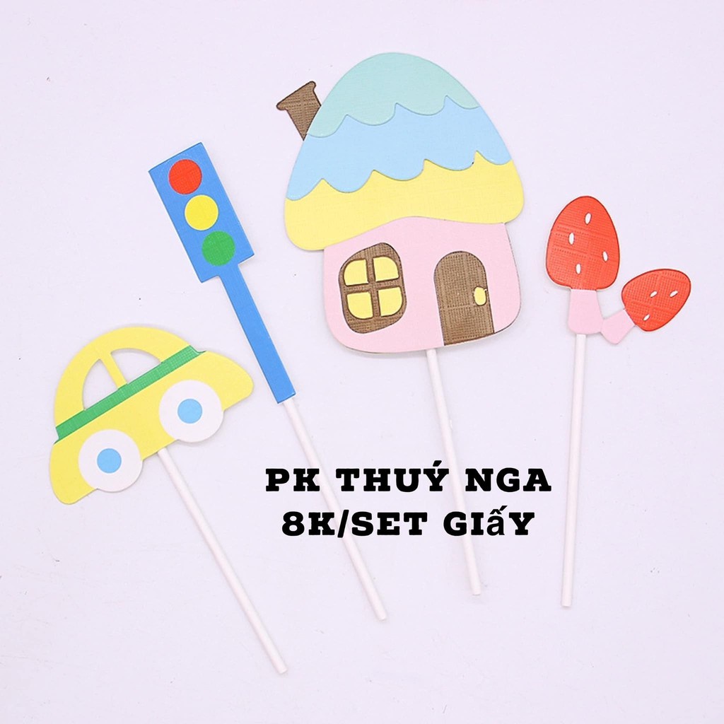 Set 5 Thẻ Hình Ngôi Nhà Nấm Hoạt Hình Bằng Giấy Trang Trí Bánh Kem