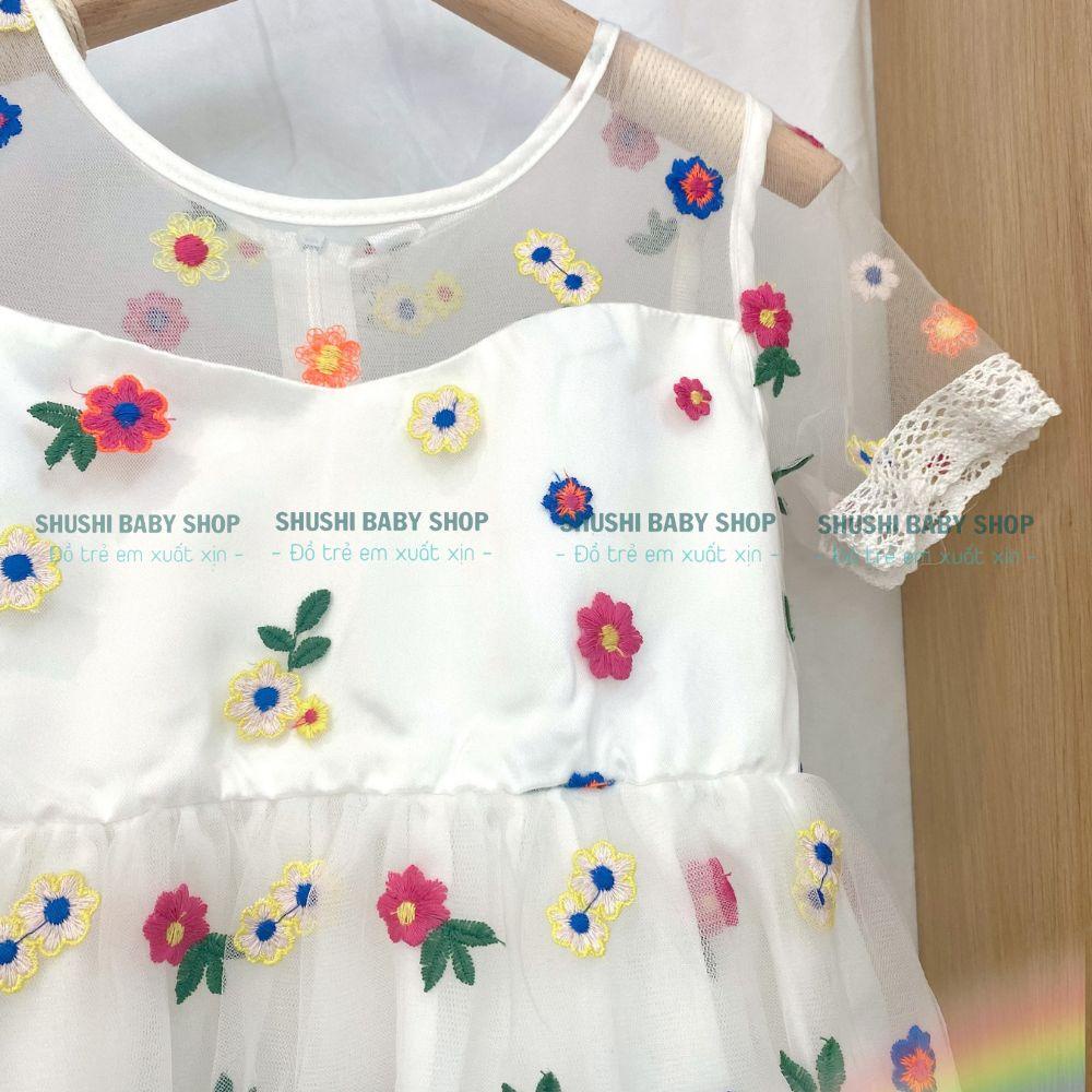 Váy bé gái màu trắng thêu hoa nổi 5 lớp dáng tiểu thư xinh xắn