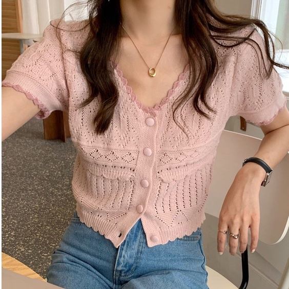 Áo dệt kim SUXI ngắn tay màu trơn phong cách vintage đơn giản thời trang mùa hè