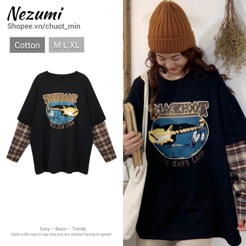 ÁO THUN DÀI NỐI TAY SƠ MI KẺ CARO 95% COTTON NÂU ĐEN TRẮNG