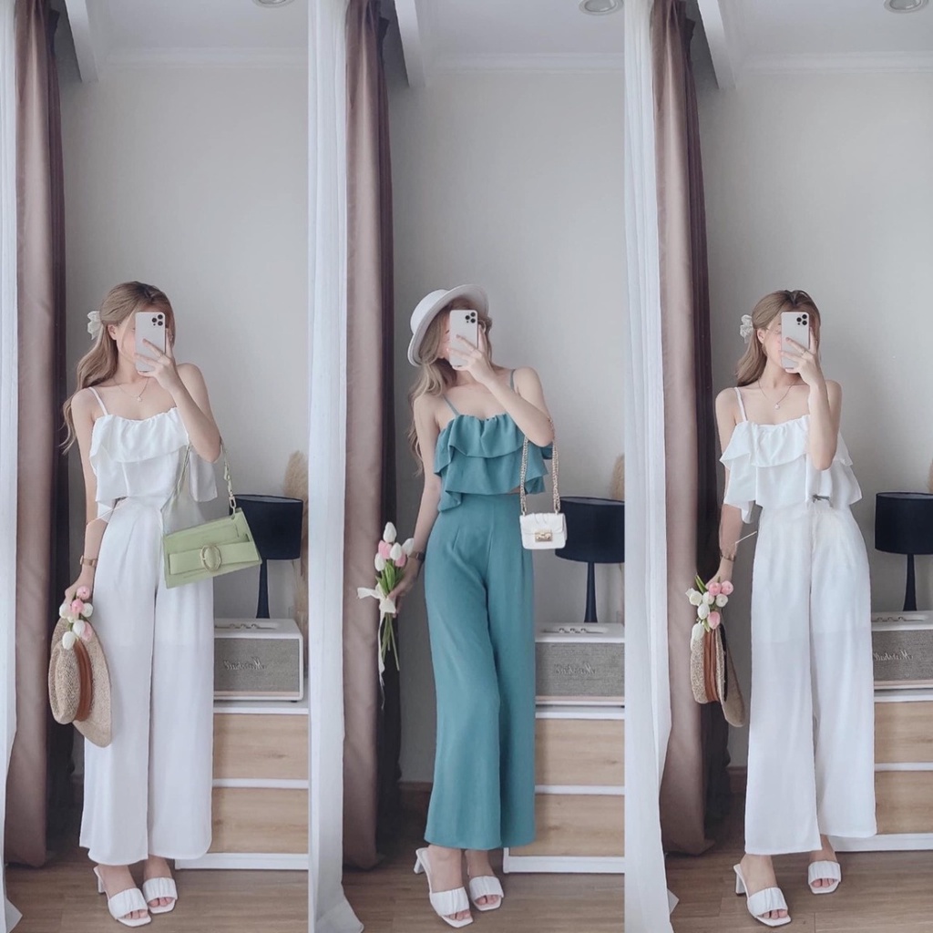 Set áo 2 dây bèo mix quần ống rộng chất đũi tàu đi du lịch đi biển tôn dáng SB02