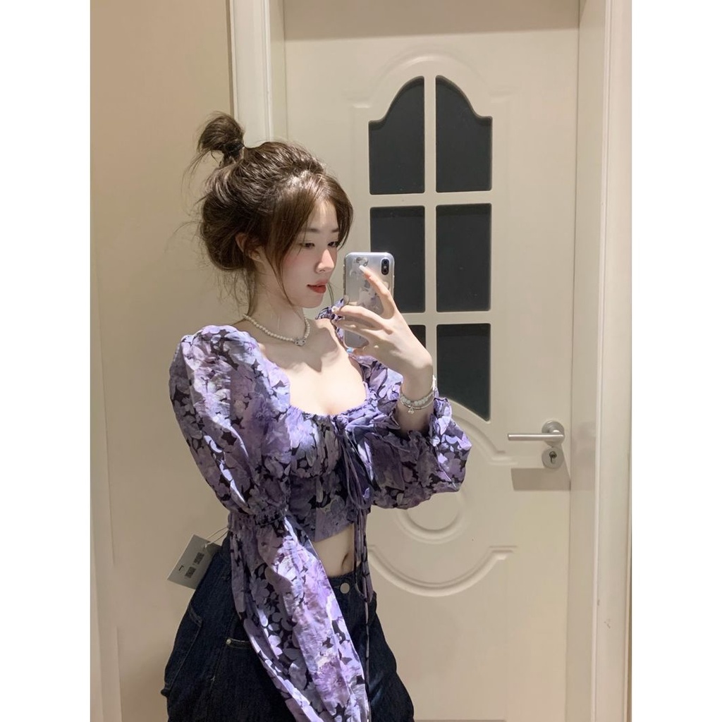 Áo kiểu JSC tay dài hở vai in họa tiết hoa phong cách Pháp thời trang mùa thu cho nữ