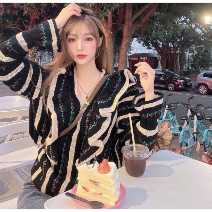 Áo Sweater Dệt Kim Cổ Chữ V Màu Sắc Tương Phản Phong Cách Retro Nhật Hàn