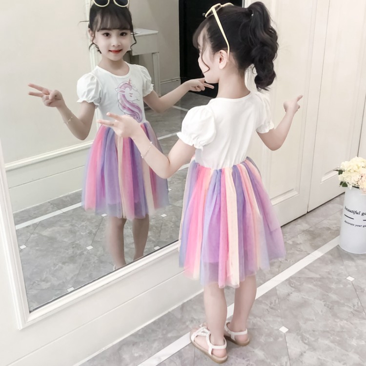 Rainbow unicorn pattern dress for girls