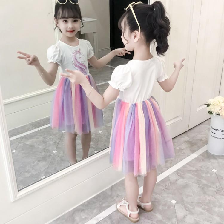 Rainbow unicorn pattern dress for girls