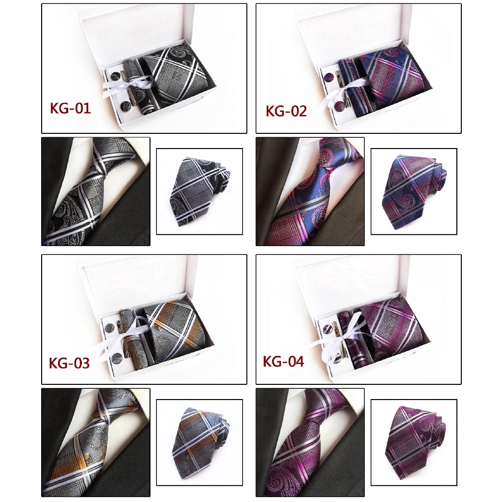 Efan Bộ Khăn Tay Kẹp Cà Vạt Kẻ Sọc Màu Xám Bạc Cho Nam