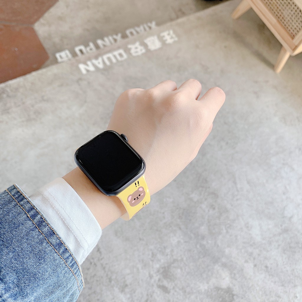 Dòng thể thao Dây đeo Apple Watch Gấu dễ thương 1/2/3/4/5/6 Dây đeo iWatch thế hệ Hoạt hình Động vật Dây đeo silicon mềm không thấm nước