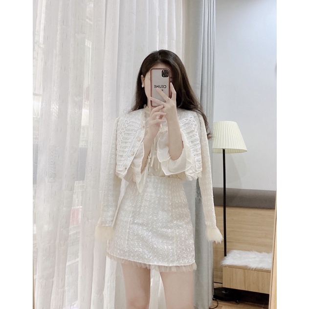 Set dạ viền voan (be/trắng)