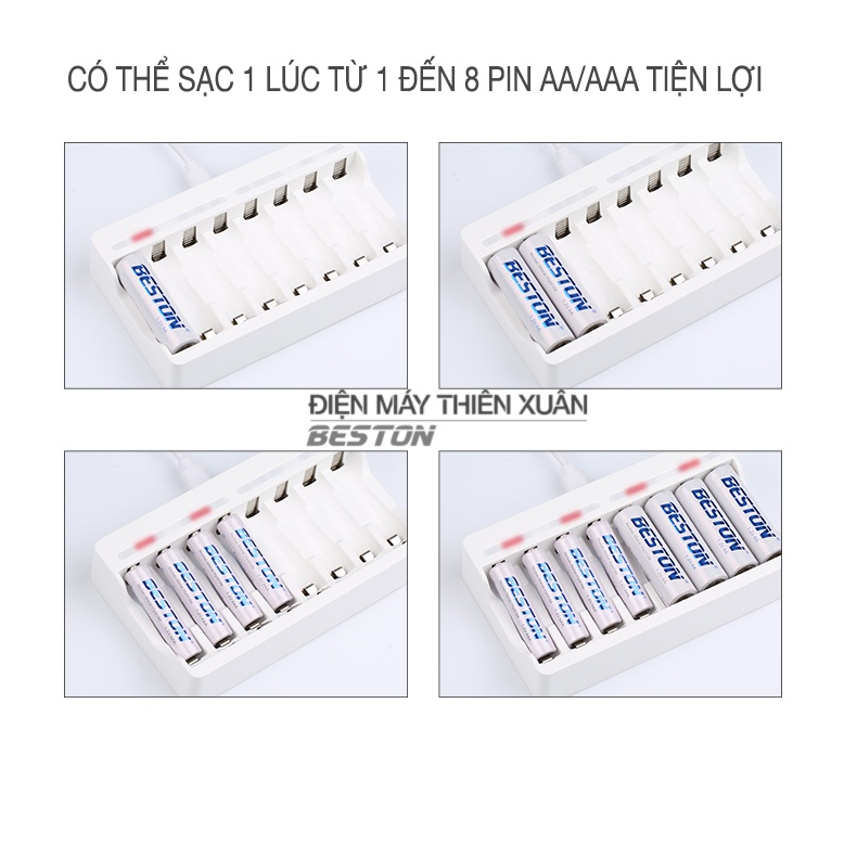 Bộ Sạc 8 pin AA AAA Beston C9010 cho pin sạc công suất lớn, có tính năng sạc nhanh, đèn báo thông mình dùng cho micro..