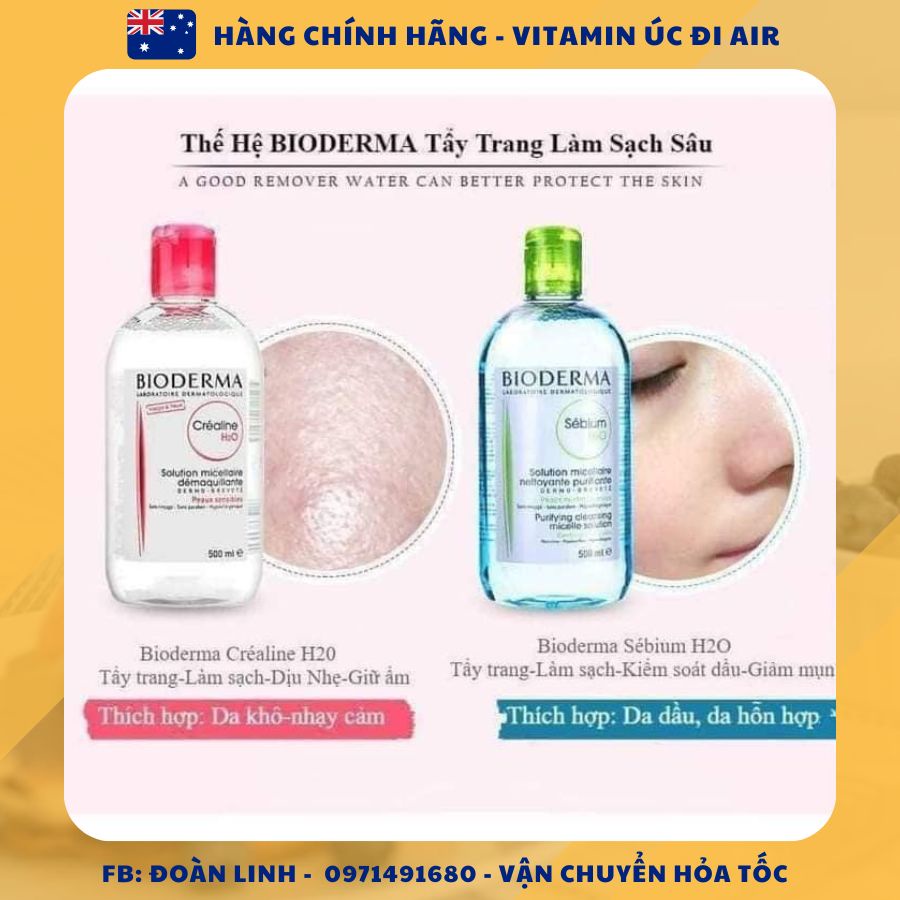 Nước tẩy trang Bioderma  Sensibio H2O Pháp 500ml Dung dành cho da hỗn hợp, da dầu, Hàng chuẩn Pháp đi air