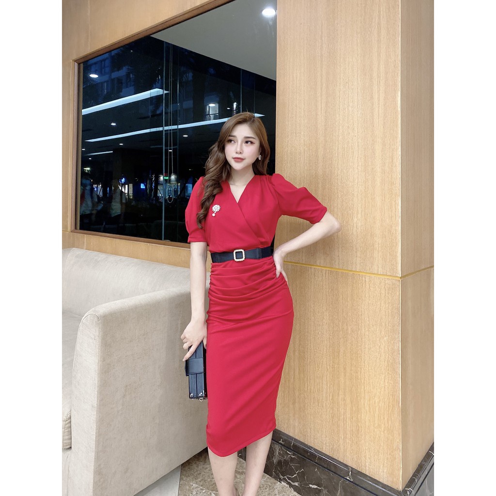 Váy dự tiệc sang chảnh ôm body cổ chéo kèm đai thắt eo dự tiệc, công sở | BigBuy360 - bigbuy360.vn