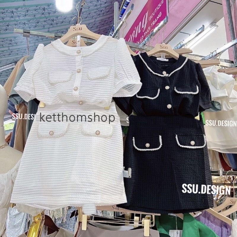 sét đồ nữ sang chảnh đi chơi đi tiệc áo sơ mi nút ngọc kèm chân váy cao cấp màu đen