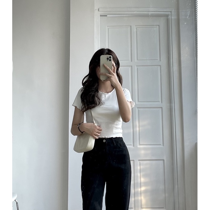 Quần jeans suông dài đen evis + Áo croptop thank you | BigBuy360 - bigbuy360.vn