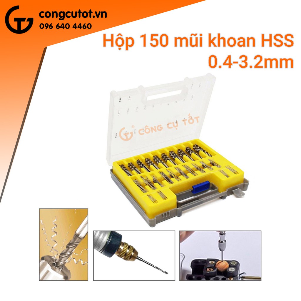 Hộp 150 mũi khoan chính xác 0.4-3.2mm bước đường kính 0.1mm thép gió