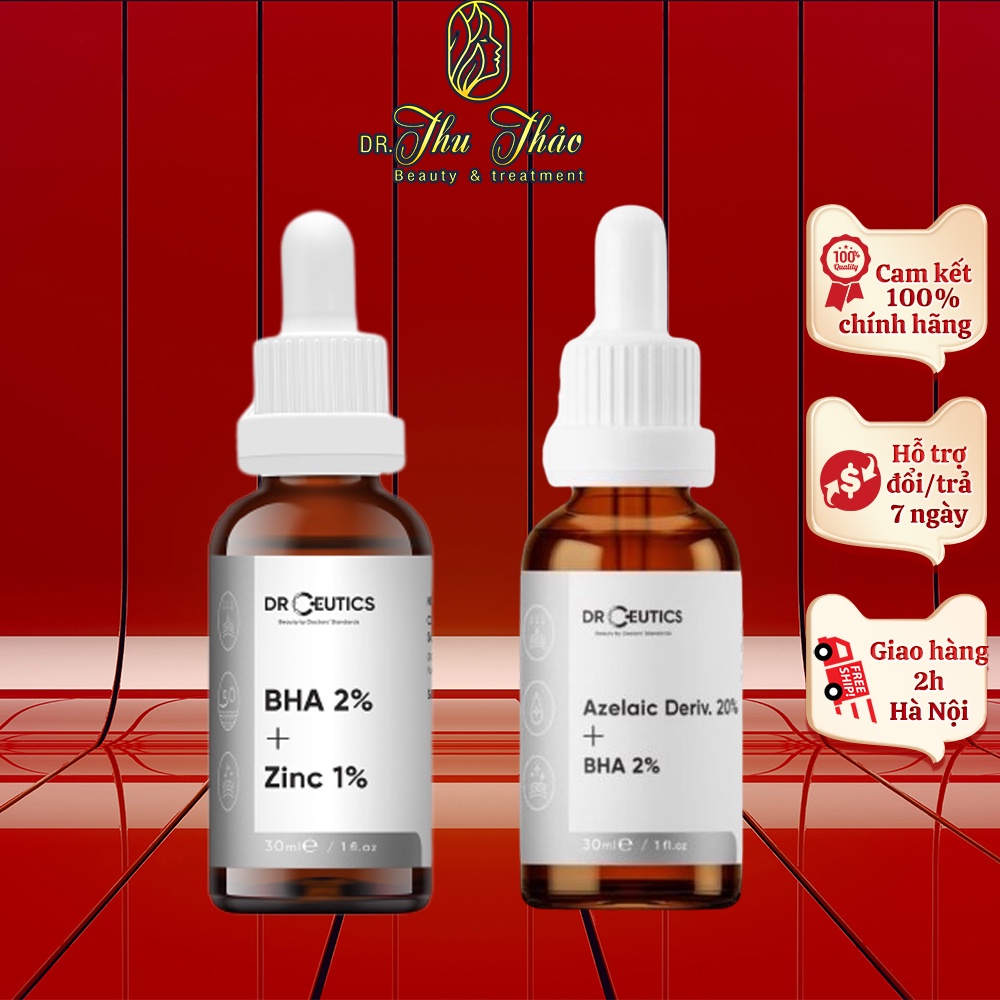 Serum DrCeutics BHA 2% + ZinC 1%, Azelaic 20% + BHA 2% Giảm Mụn, thâm mụn và giảm sưng mụn 30ml, 100ml