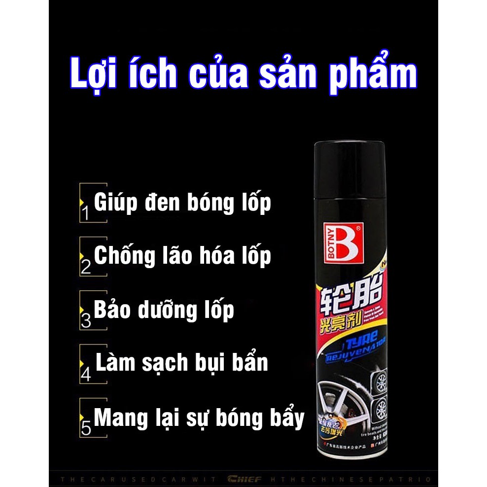 Xịt bóng lốp xe ô tô, xe máy bảo dưỡng lốp xe Botny B-1107 dung tích 650ml