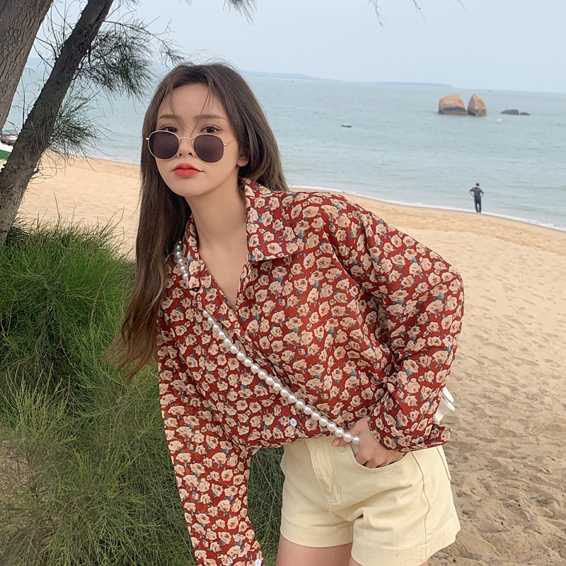 SUXI Áo Sơ Mi Hoa Tay Dài Dáng Rộng Thiết Kế Mới Thời Trang Mùa Thu Theo Phong Cách Pháp Cho Nữ