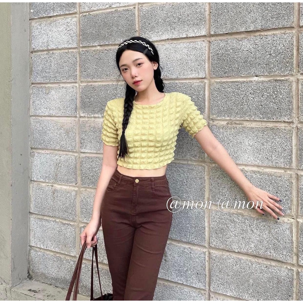 Áo Croptop Chất Caro Xốp Nữ [FREESHIP]  Thun kiểu body cộc tay dáng ôm viền bèo tiểu thư đường phố hàn quốc