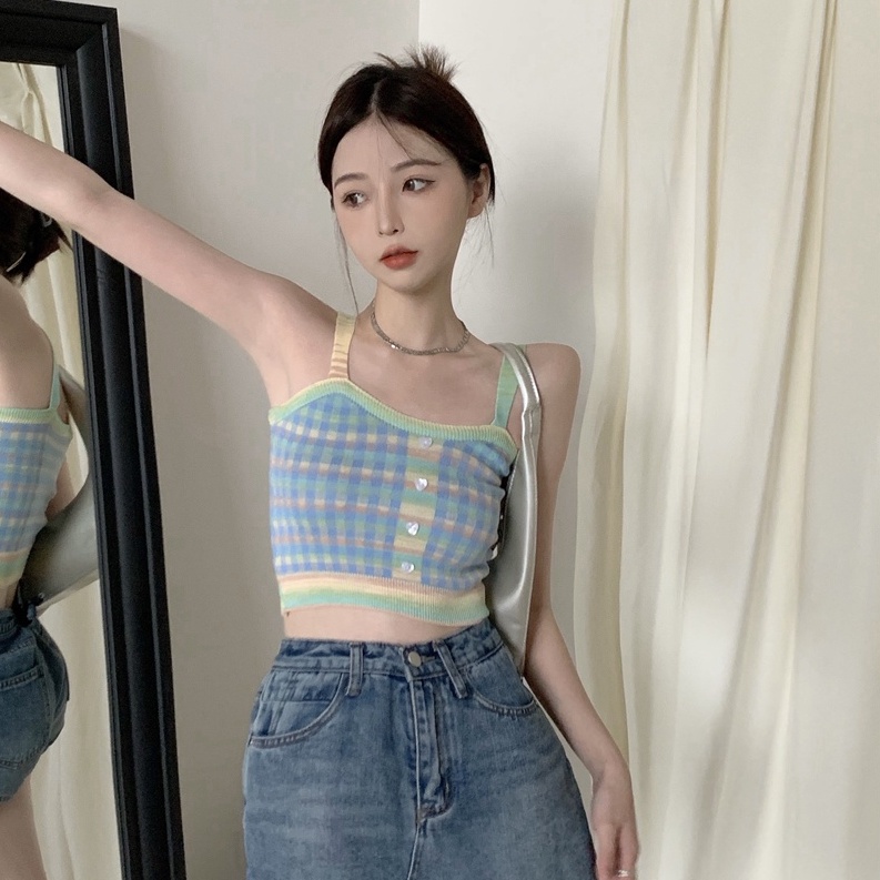 Áo Hai Dây Dệt Kim Ngắn Họa Tiết Sọc Caro Màu Sắc Thời Trang Mùa Hè 52842