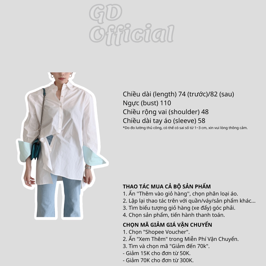 A8|Áo sơ mi trắng cotton dày dặn tay áo lật dáng rộng cho nữ thanh lịch công sở, basic xẻ tà xanh GD Official