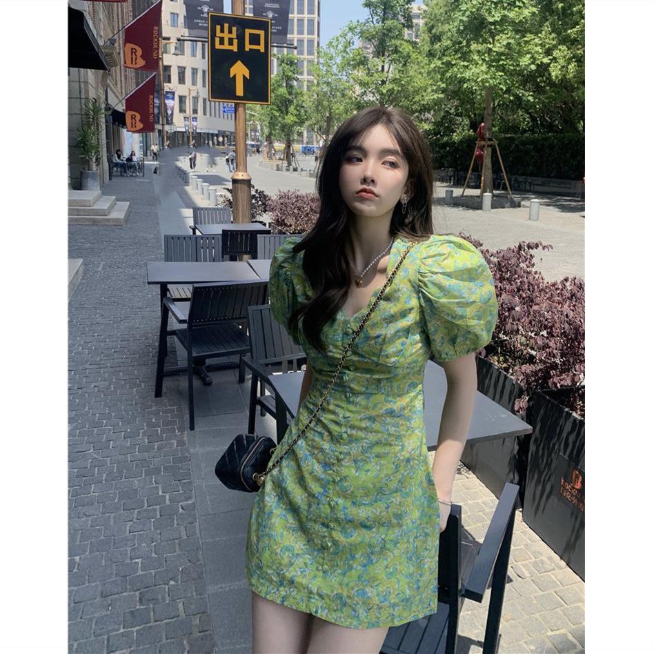 Đầm tay phồng cổ chữ V họa tiết hoa thời trang cổ điển cho nữ | BigBuy360 - bigbuy360.vn