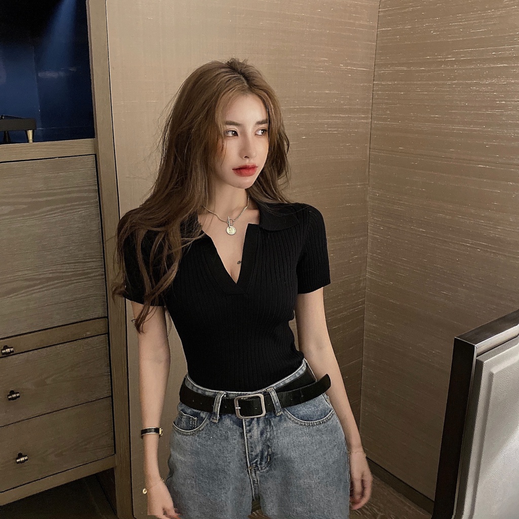 QADCOL Áo Thun Dệt Kim Tay Ngắn Cổ Chữ V Dáng Ôm Phong Cách retro Hàn Quốc Dành Cho Nữ