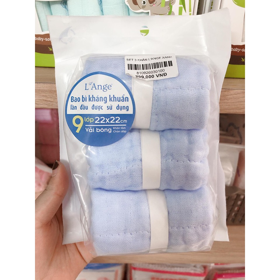 SET 3 KHĂN XÔ VẢI BÔNG 9 LỚP L ANGE SỢI BÔNG CẤP Y TẾ VÀ BAO BÌ KHÁNG KHUẨN 22X22CM